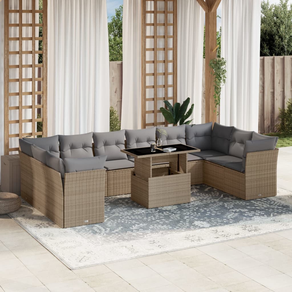 vidaXL 11-tlg. Garten-Sofagarnitur mit Kissen Beige Poly Rattan