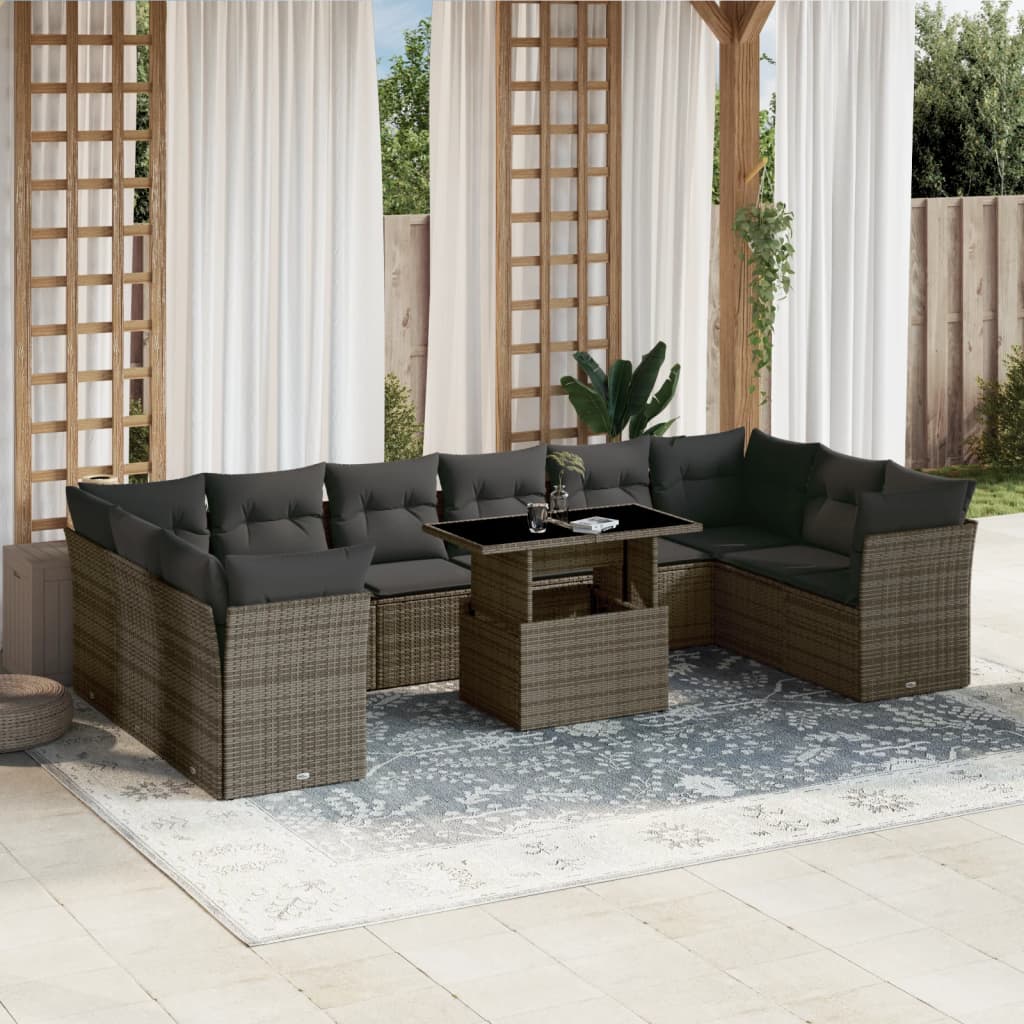 vidaXL 11-tlg. Garten-Sofagarnitur mit Kissen Grau Poly Rattan