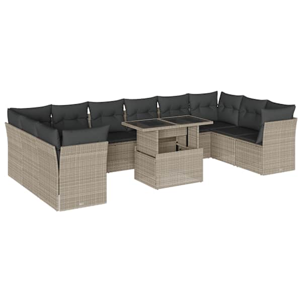 vidaXL 11-osaline aiadiivani komplekt patjadega, helehall, pol&uuml;rotang