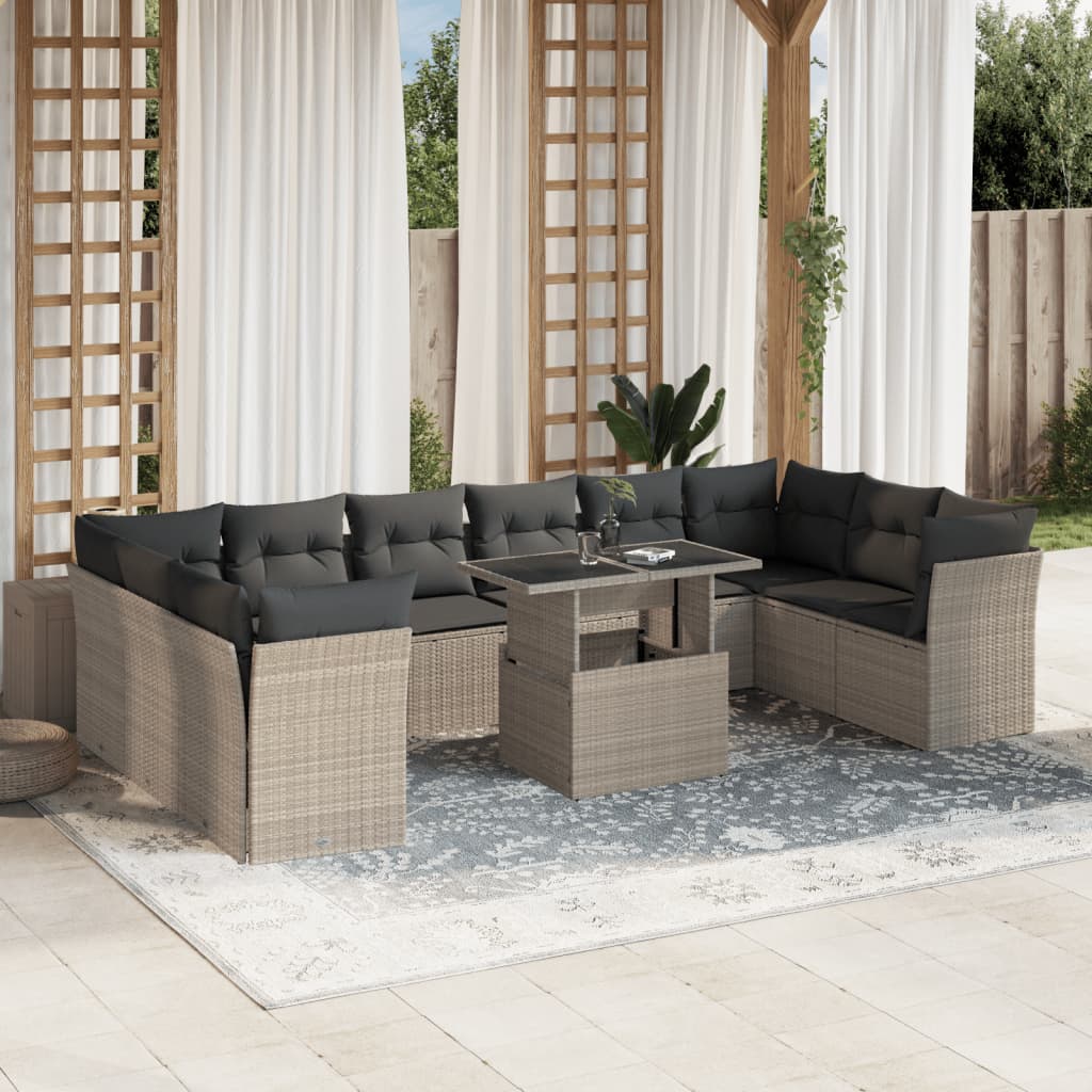 11-tlg. Garten-Sofagarnitur mit Kissen Hellgrau Poly Rattan