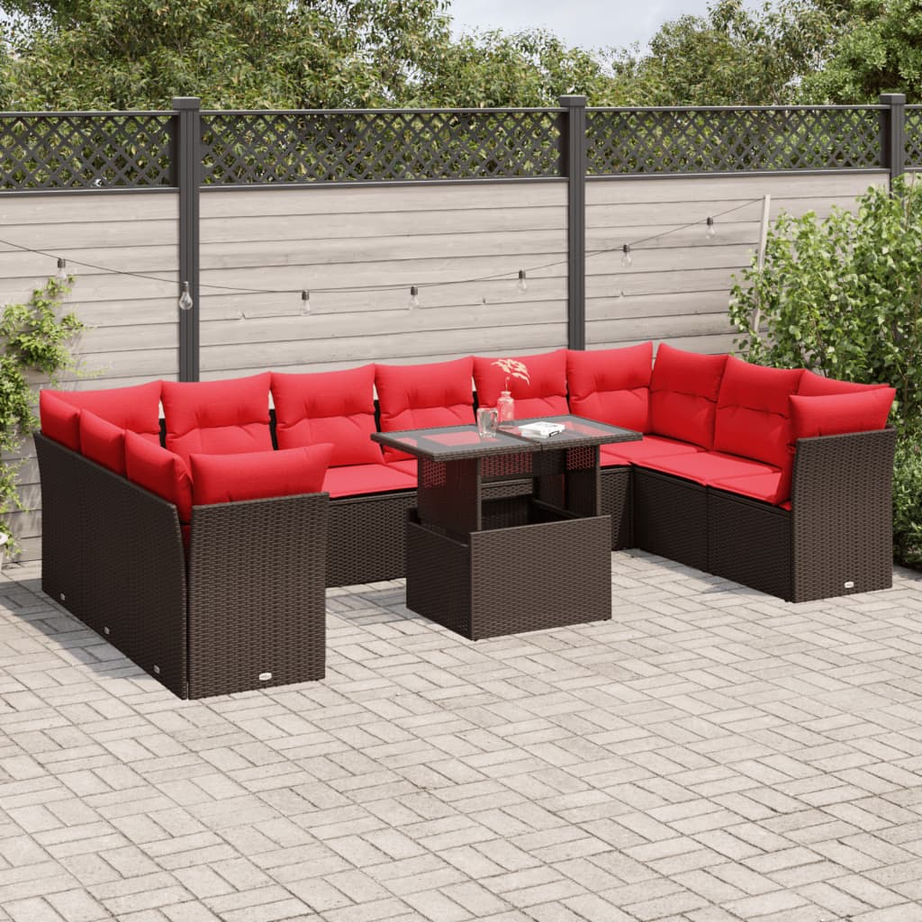 vidaXL 11-teiliges Gartensofa-Set mit Kissen, braun, Polyrattan