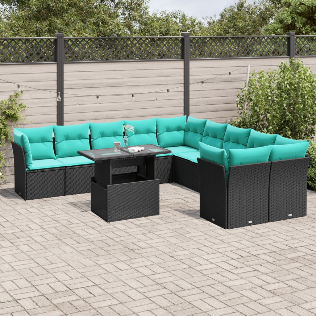 11-delige tuinbankset met kussens, zwart polyrotan – afbeelding 1