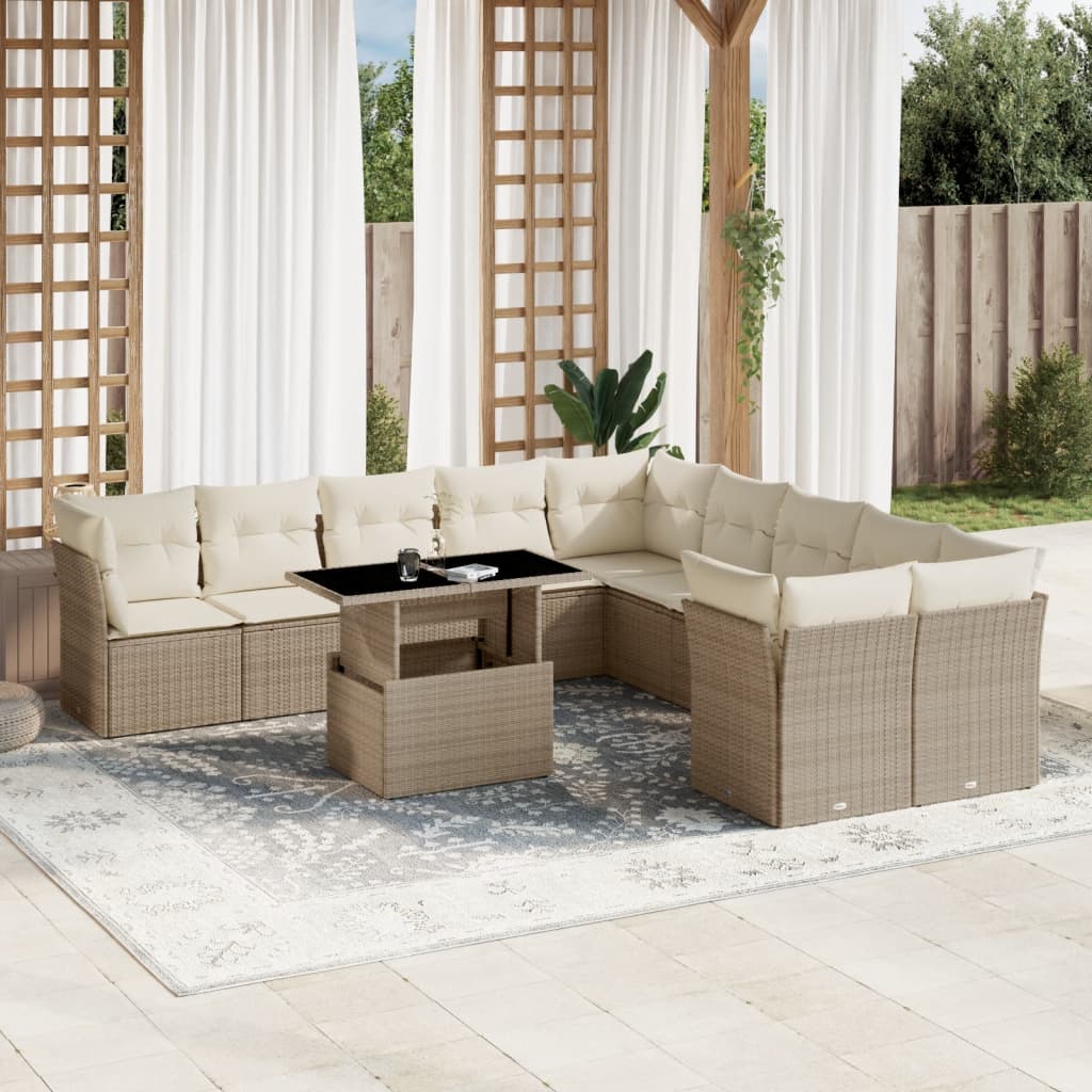 vidaXL 11-tlg. Garten-Sofagarnitur mit Kissen Beige Poly Rattan