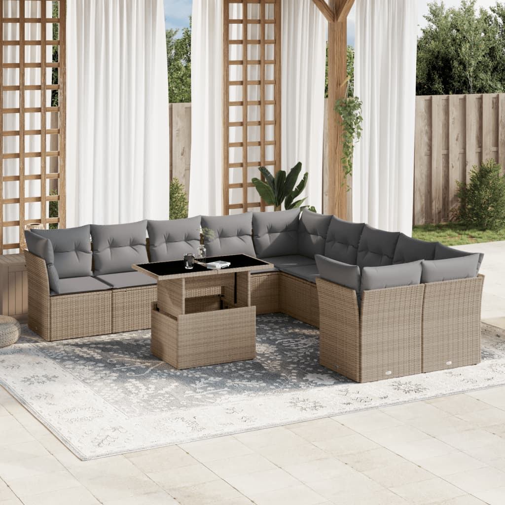 vidaXL 11-tlg. Garten-Sofagarnitur mit Kissen Beige Poly Rattan