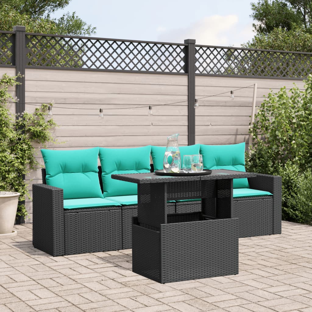 Thumbnail - vidaXL 5-teiliges Gartensofa-Set mit Kissen, schwarzes Polyrattan