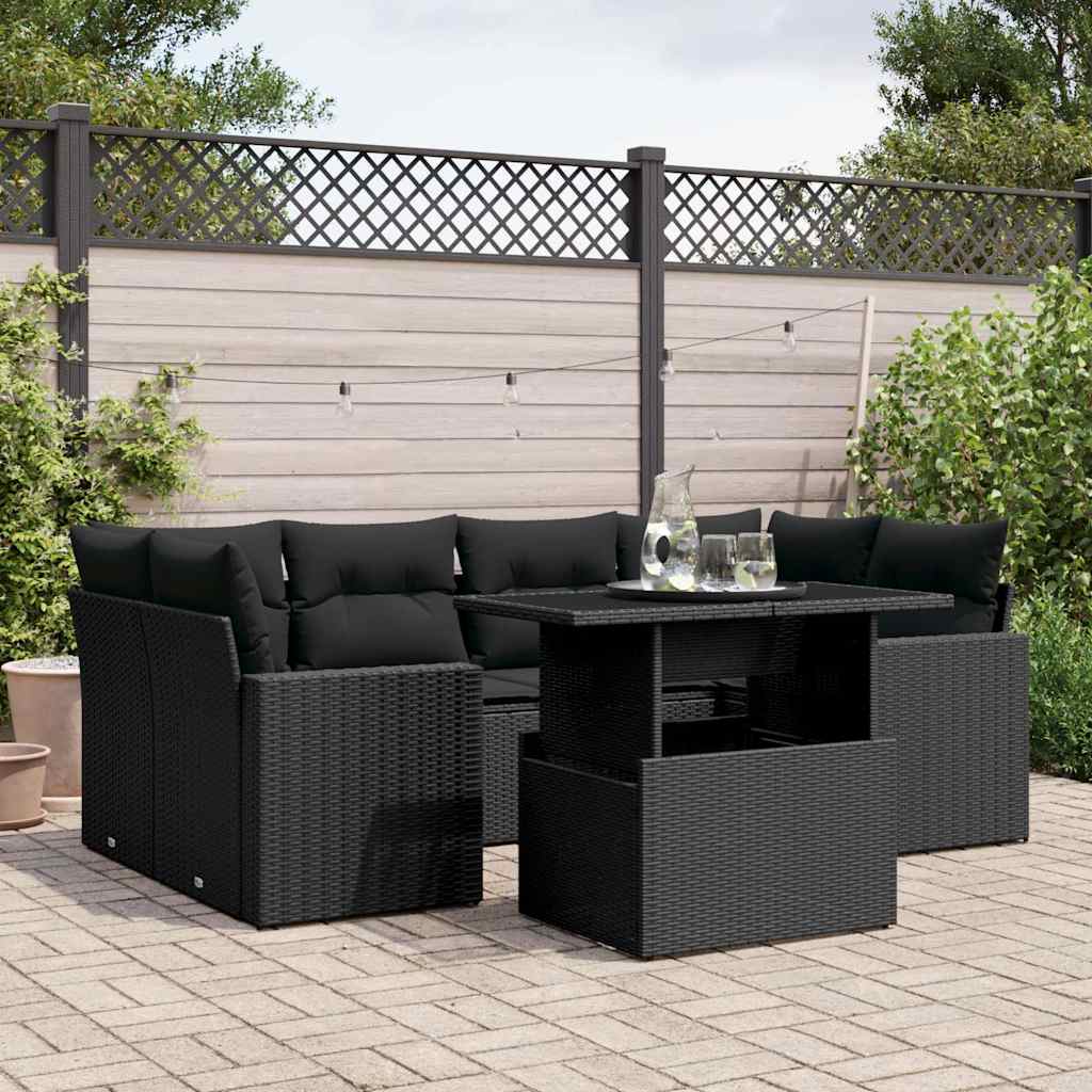 vidaXL 7-tlg. Garten-Sofagarnitur mit Kissen Schwarz Poly Rattan