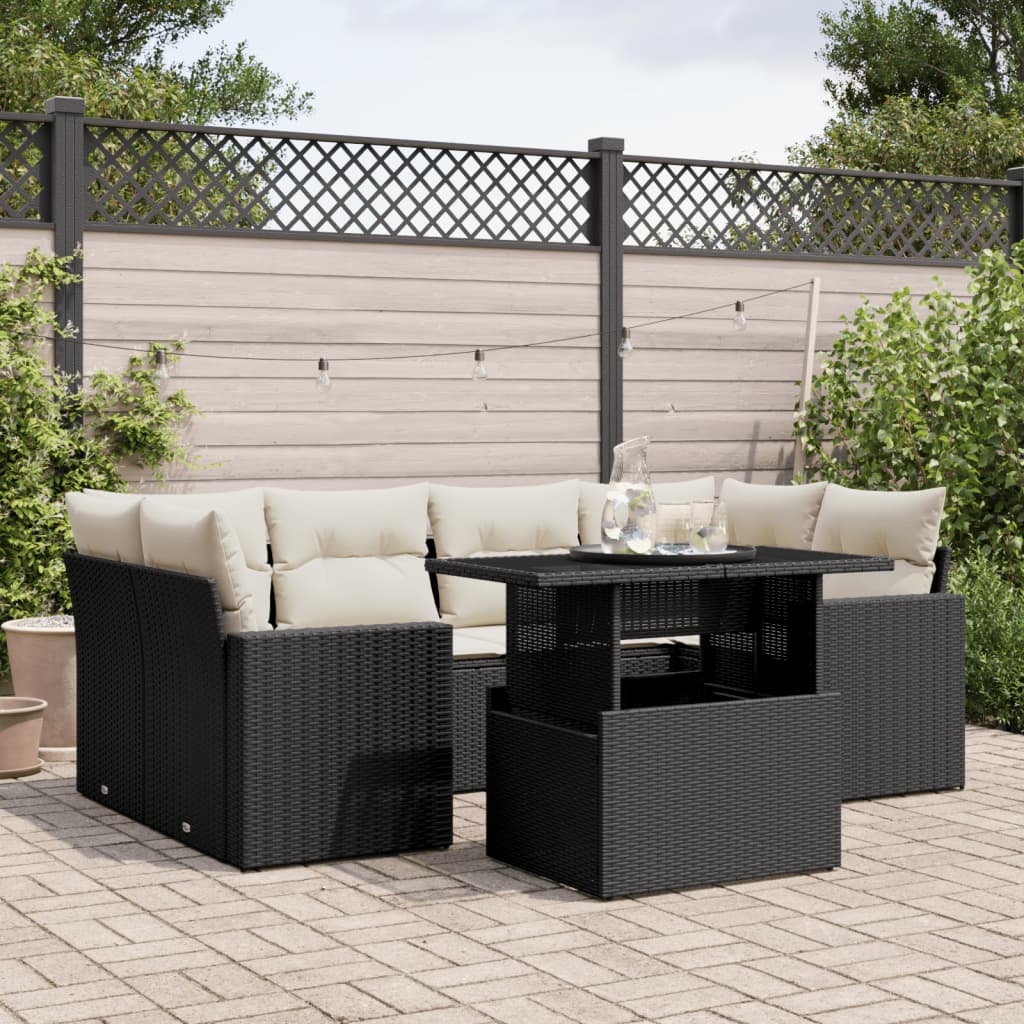 vidaXL 7-tlg. Garten-Sofagarnitur mit Kissen Schwarz Poly Rattan