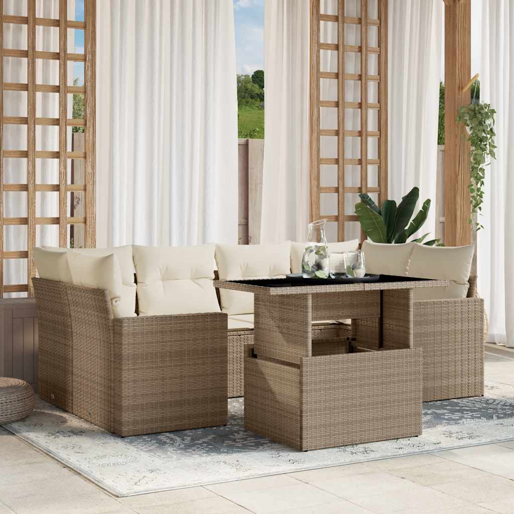 vidaXL 7-tlg. Garten-Sofagarnitur mit Kissen Beige Poly Rattan