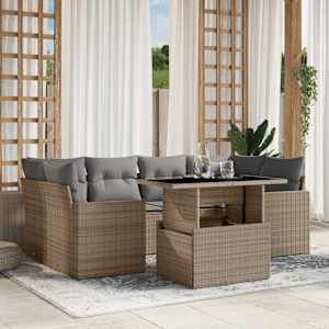 Vrtna sedežna garnitura 7-delna z blazinami bež poli ratan