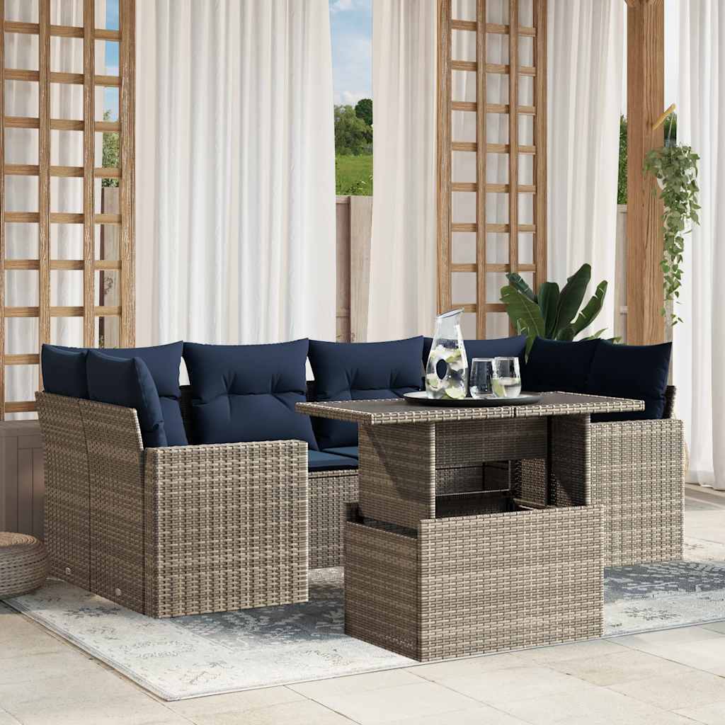 Havesofasæt i polyrattan - 7 dele med marineblå hynder, grå