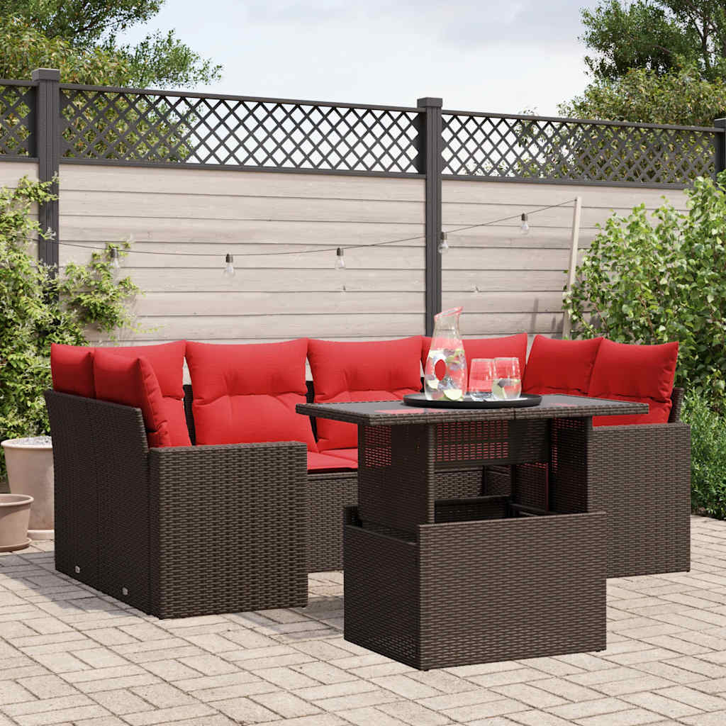 Havesofasæt i brun polyrattan med løftbart bord - 7 røde hynder