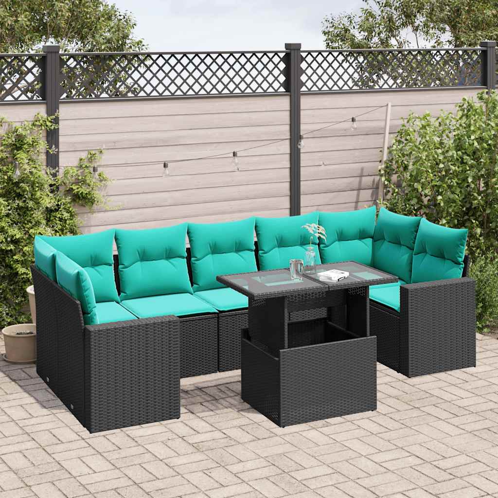 vidaXL 8-teiliges Gartensofa-Set mit Kissen, schwarzes Polyrattan
