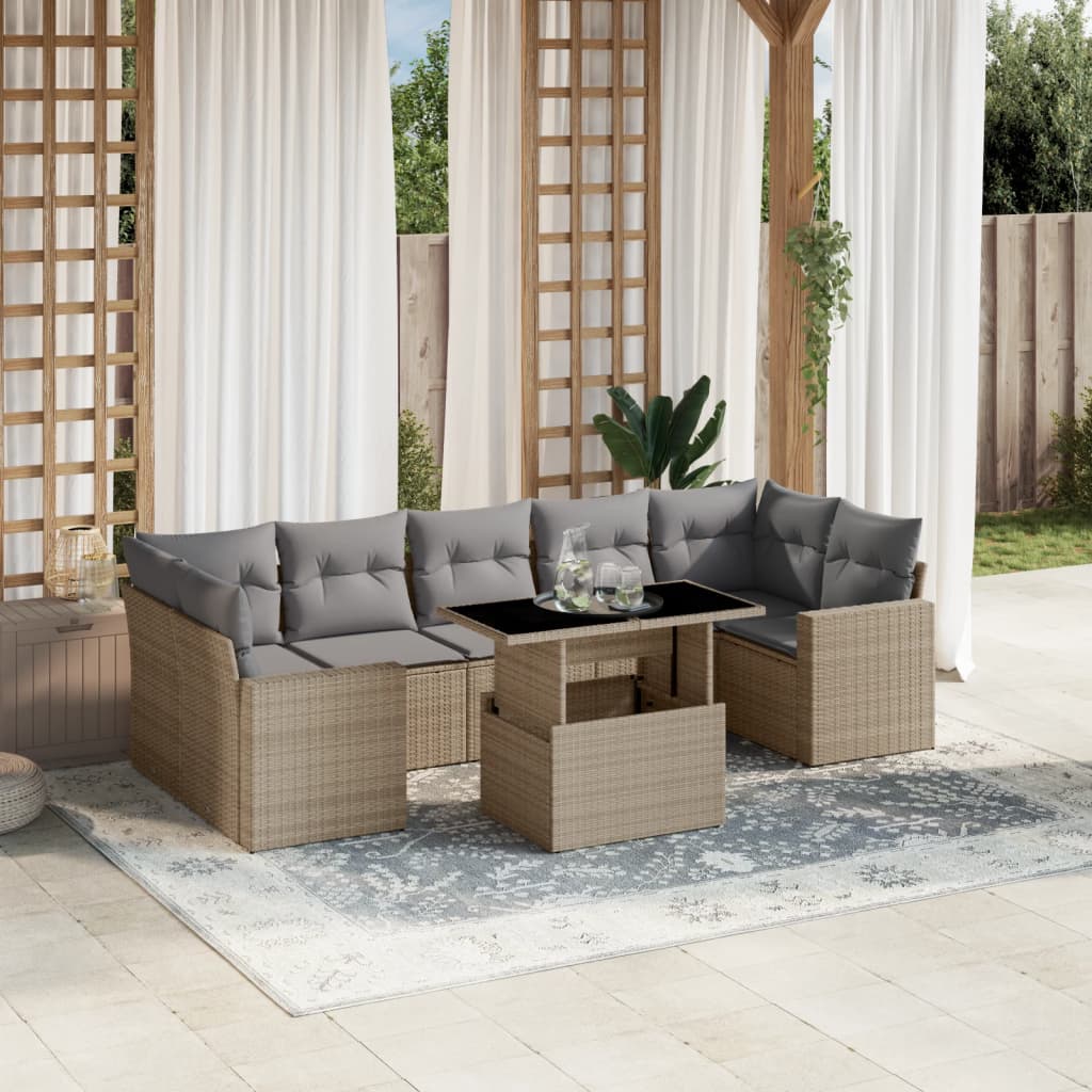 vidaXL 8-tlg. Garten-Sofagarnitur mit Kissen Beige Poly Rattan