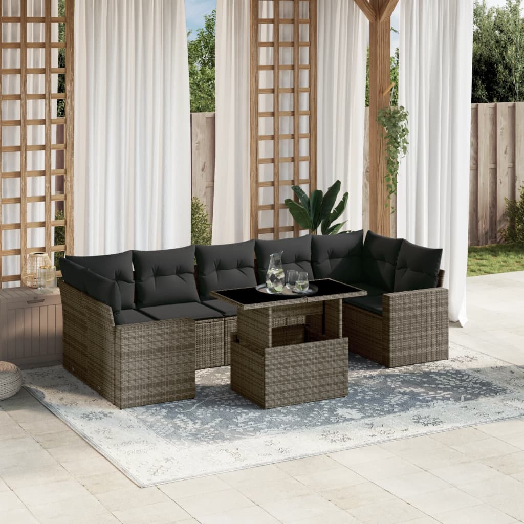 vidaXL 8-tlg. Garten-Sofagarnitur mit Kissen Grau Poly Rattan