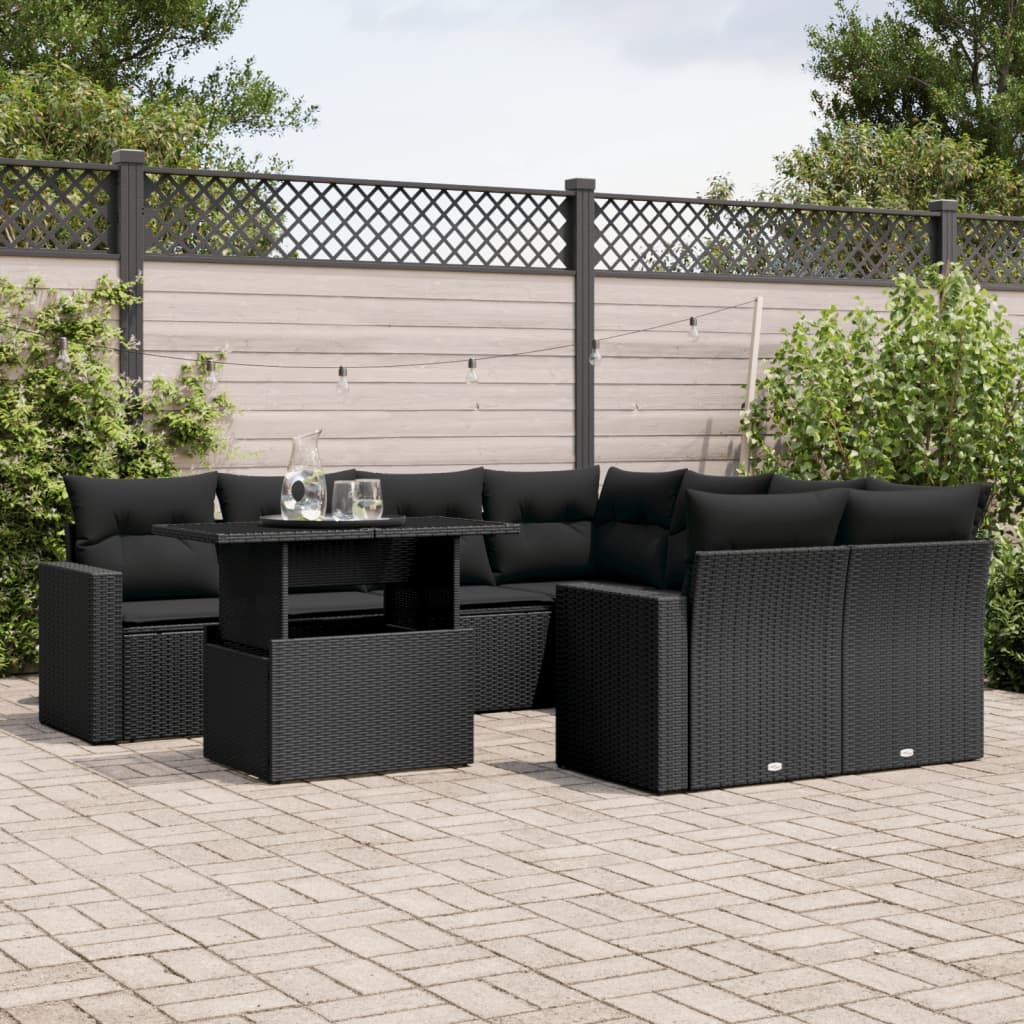 vidaXL 9-tlg. Garten-Sofagarnitur mit Kissen Schwarz Poly Rattan