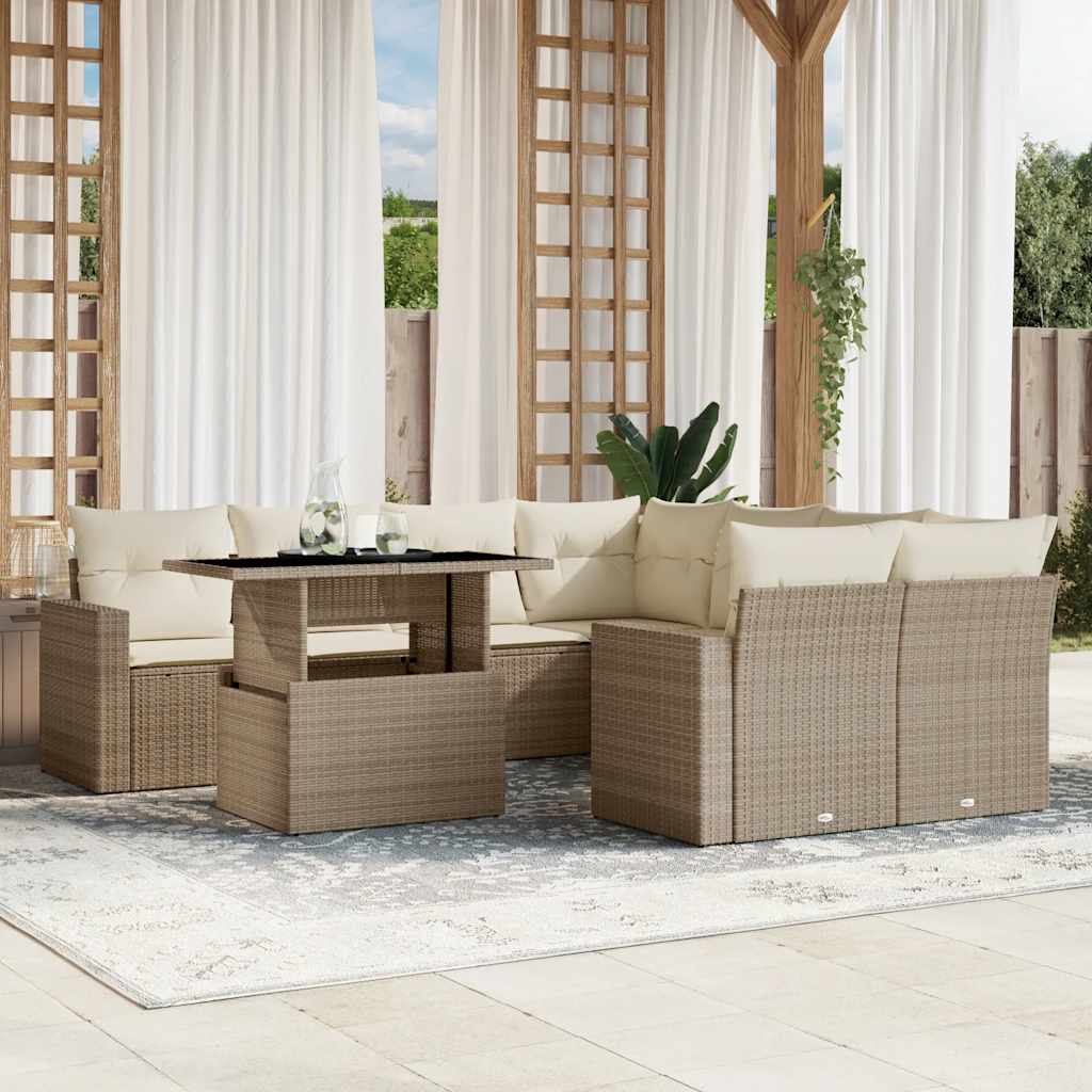 vidaXL 9-tlg. Garten-Sofagarnitur mit Kissen Beige Poly Rattan