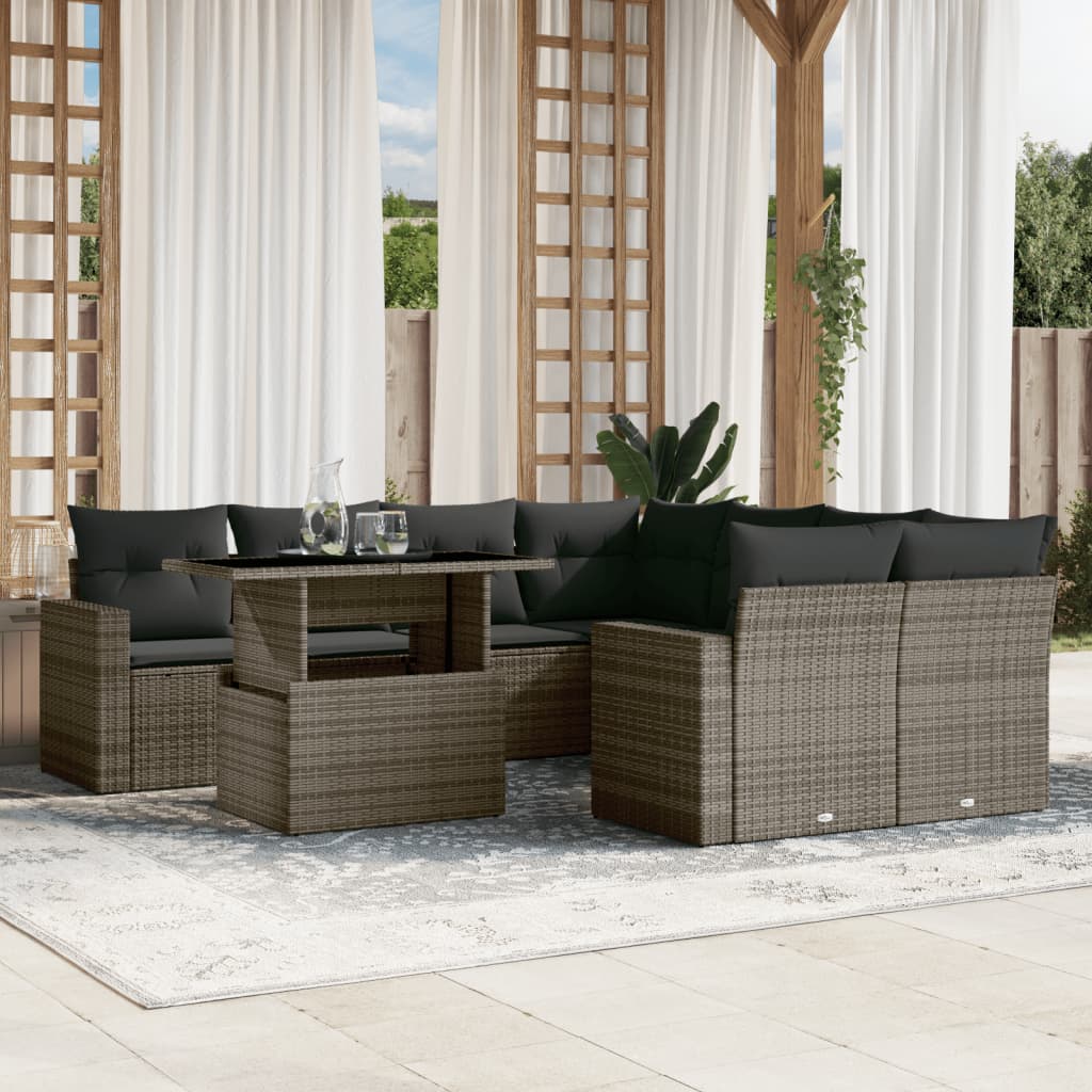 vidaXL 9-tlg. Garten-Sofagarnitur mit Kissen Grau Poly Rattan