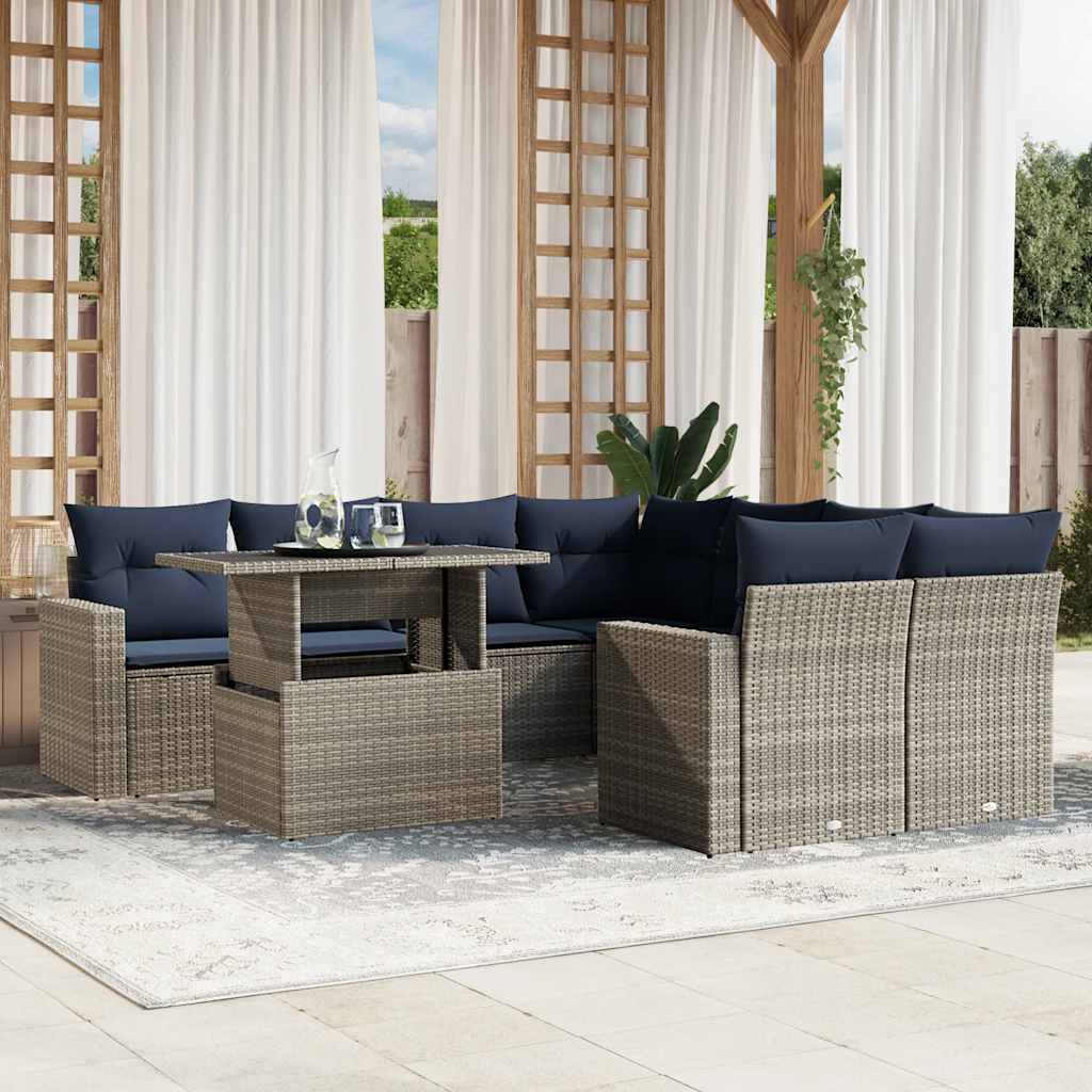vidaXL 9-teiliges Gartensofa-Set mit Kissen, grau, Polyrattan