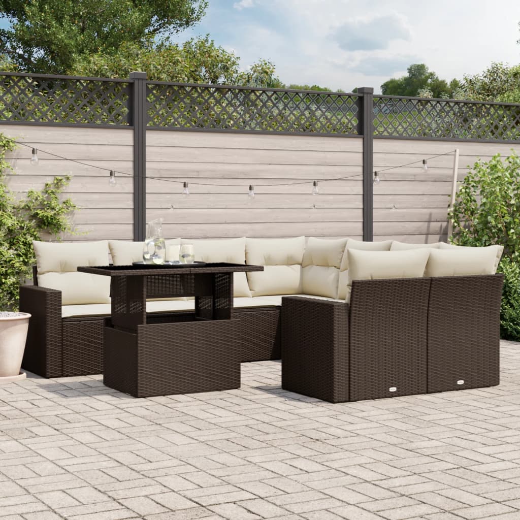 vidaXL 9-tlg. Garten-Sofagarnitur mit Kissen Braun Poly Rattan