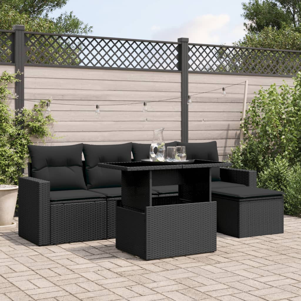 vidaXL 6-tlg. Garten-Sofagarnitur mit Kissen Schwarz Poly Rattan