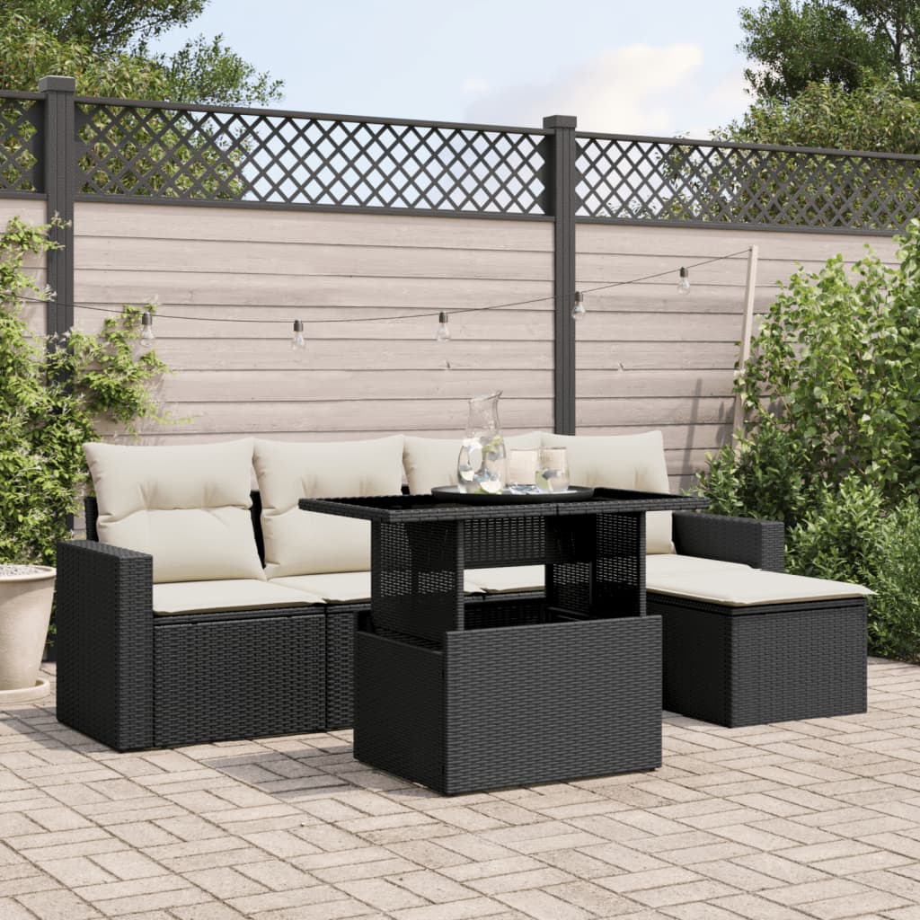 vidaXL 6-tlg. Garten-Sofagarnitur mit Kissen Schwarz Poly Rattan