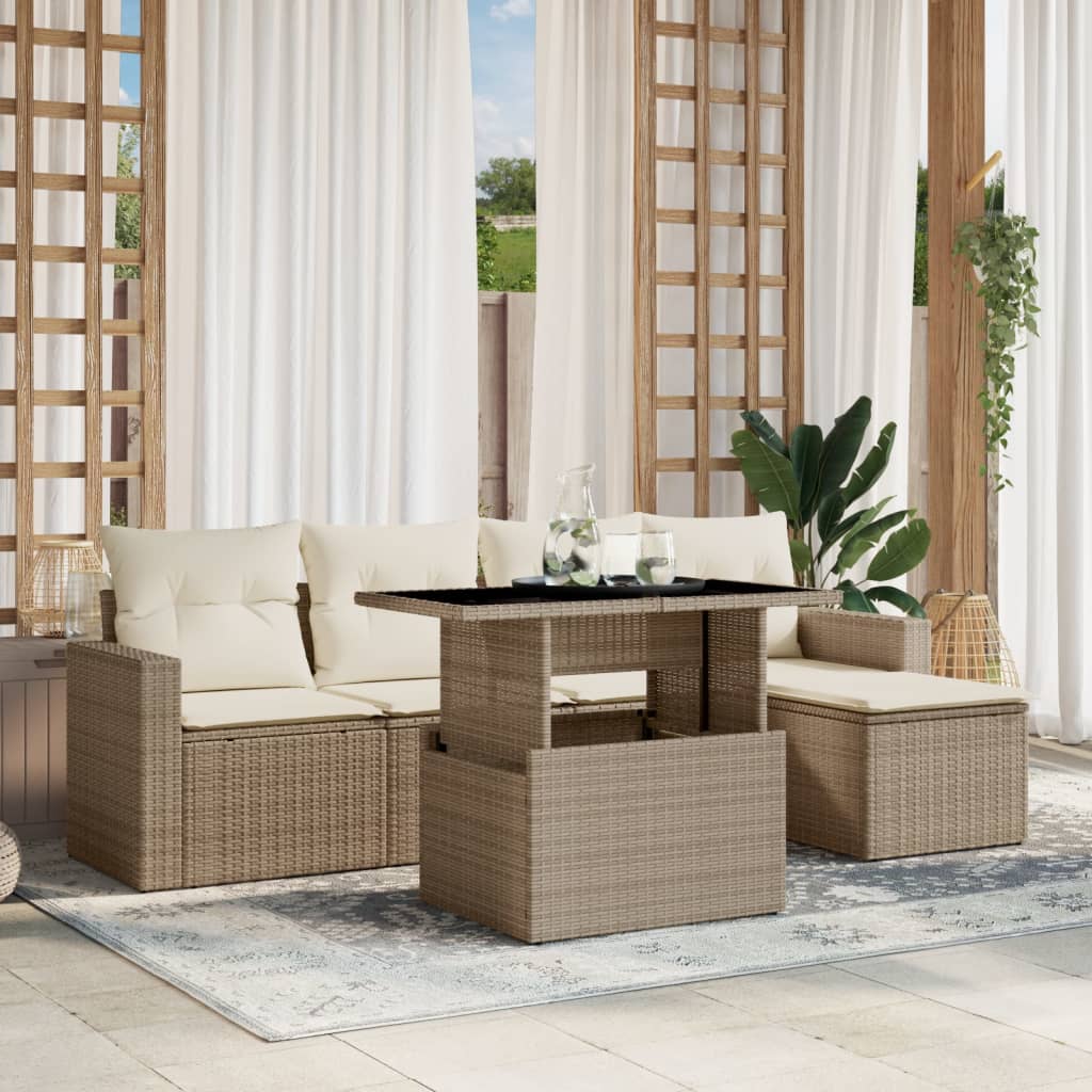 vidaXL 6-tlg. Garten-Sofagarnitur mit Kissen Beige Poly Rattan