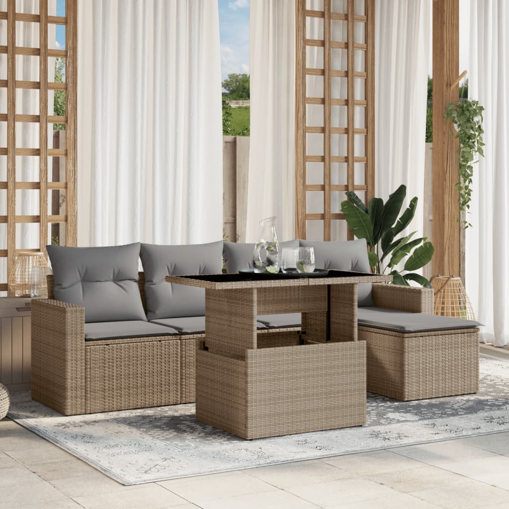 vidaXL 6-tlg. Garten-Sofagarnitur mit Kissen Beige Poly Rattan