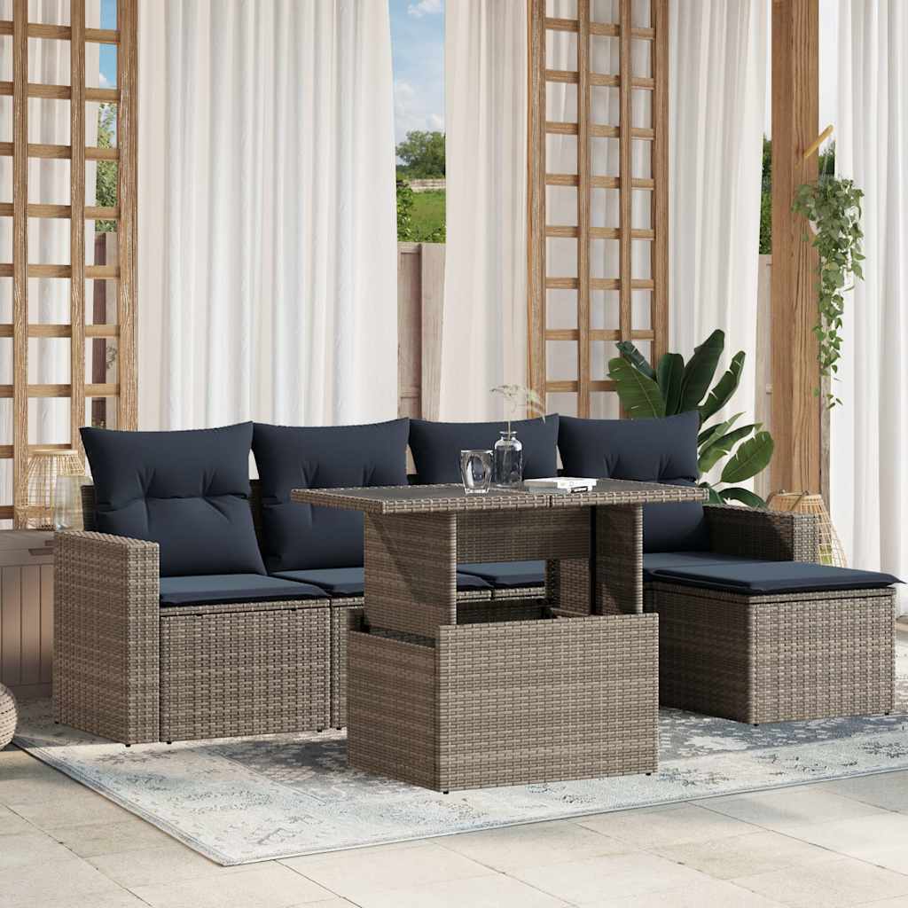 vidaXL 6-teiliges Gartensofa-Set mit Kissen, grau, Polyrattan