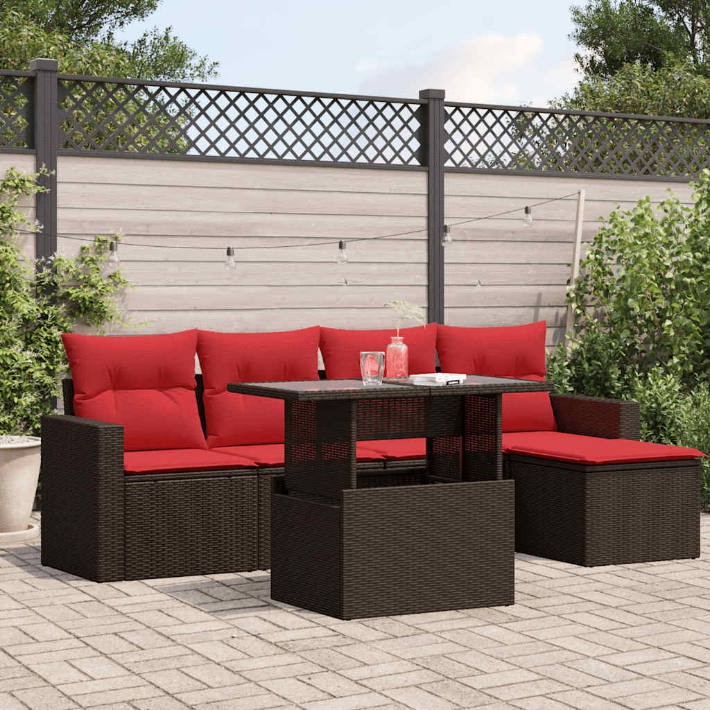 6 Piece Patio Sofa Set with Cushions Brown Poly Rattan