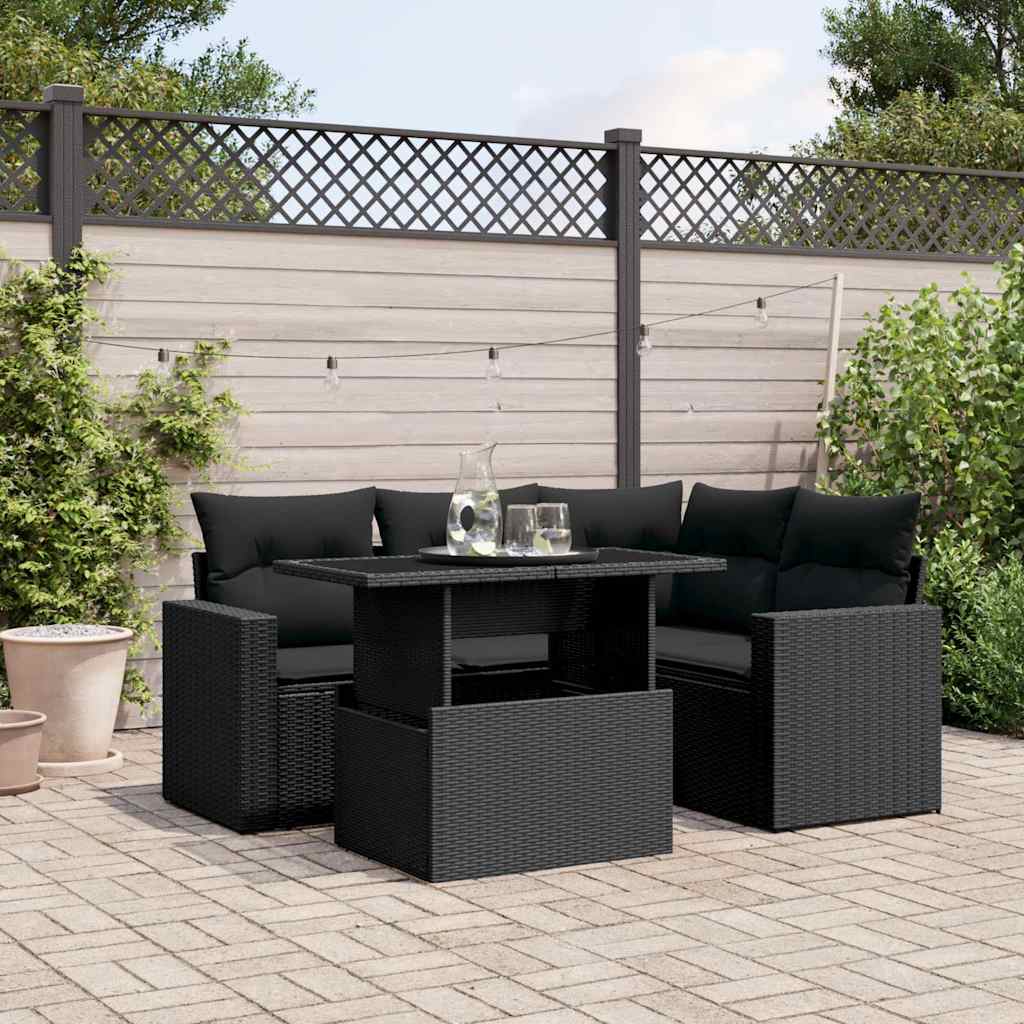 vidaXL 5-tlg. Garten-Sofagarnitur mit Kissen Schwarz Poly Rattan