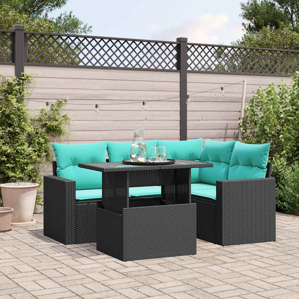 vidaXL 5-teiliges Gartensofa-Set mit Kissen, schwarzes Polyrattan