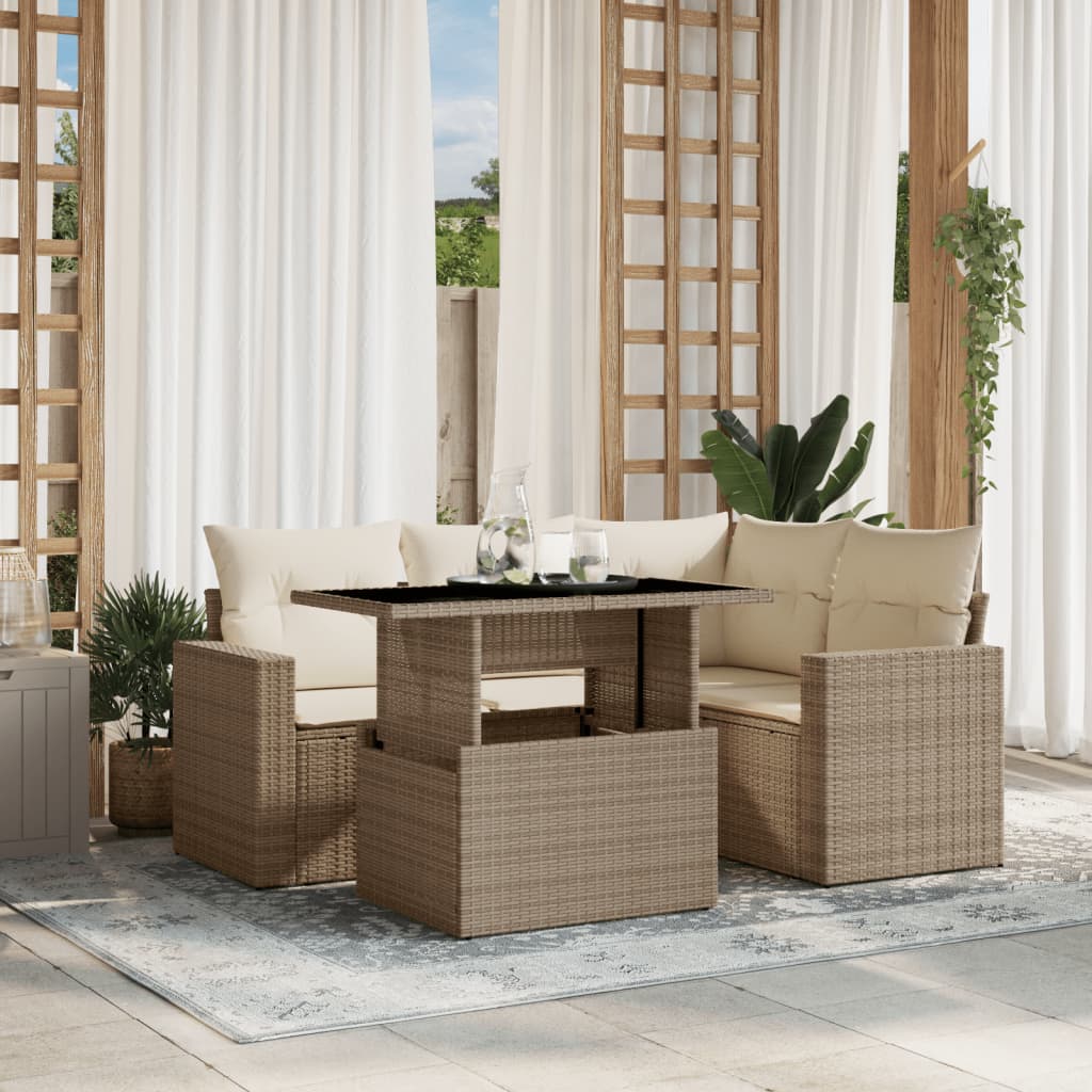 vidaXL 5-tlg. Garten-Sofagarnitur mit Kissen Beige Poly Rattan