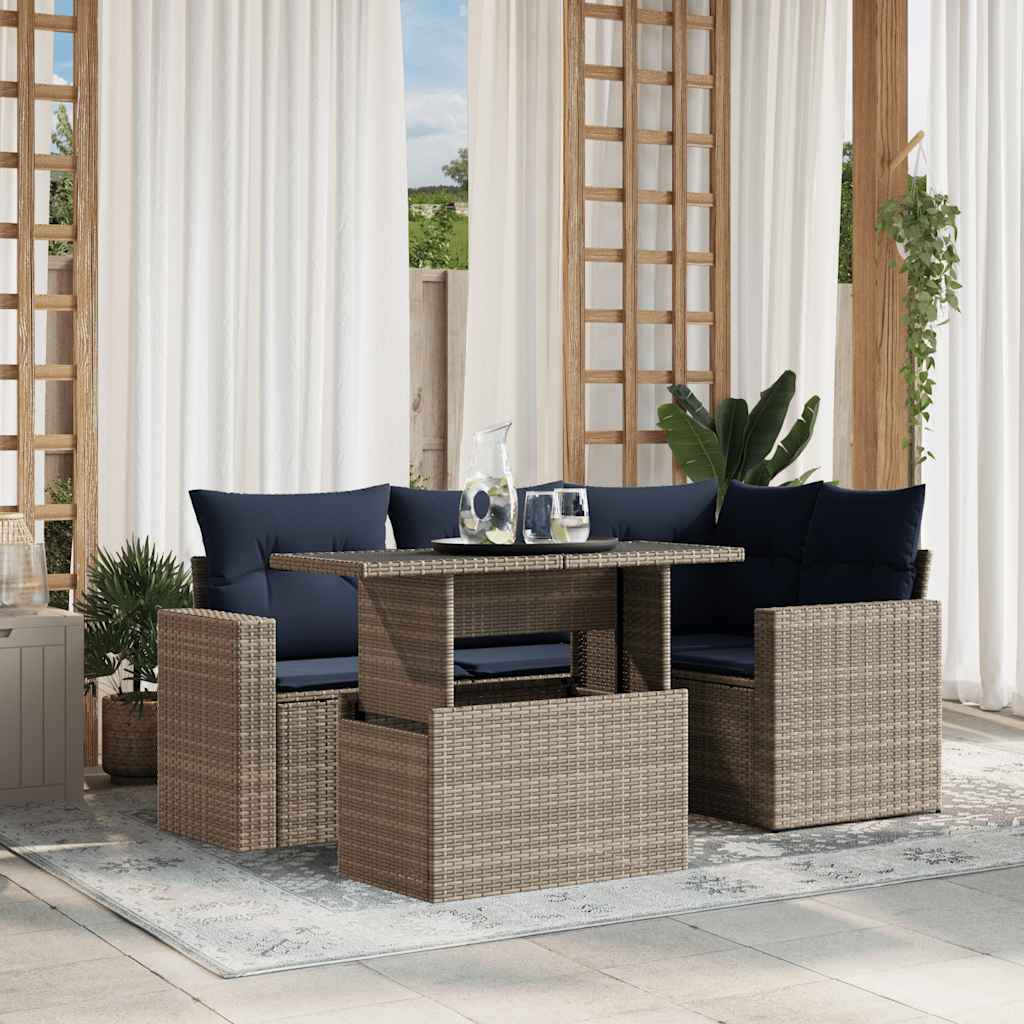 Havesofasæt i polyrattan med hæve-/sænkebord - 5 dele, grå med marineblå hynder
