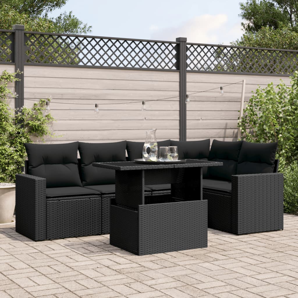 vidaXL 6-tlg. Garten-Sofagarnitur mit Kissen Schwarz Poly Rattan