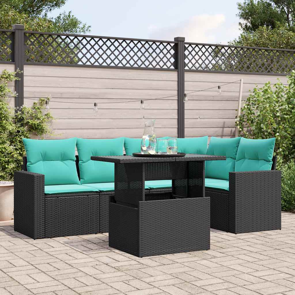 vidaXL 6-teiliges Gartensofa-Set mit Kissen, schwarzes Polyrattan