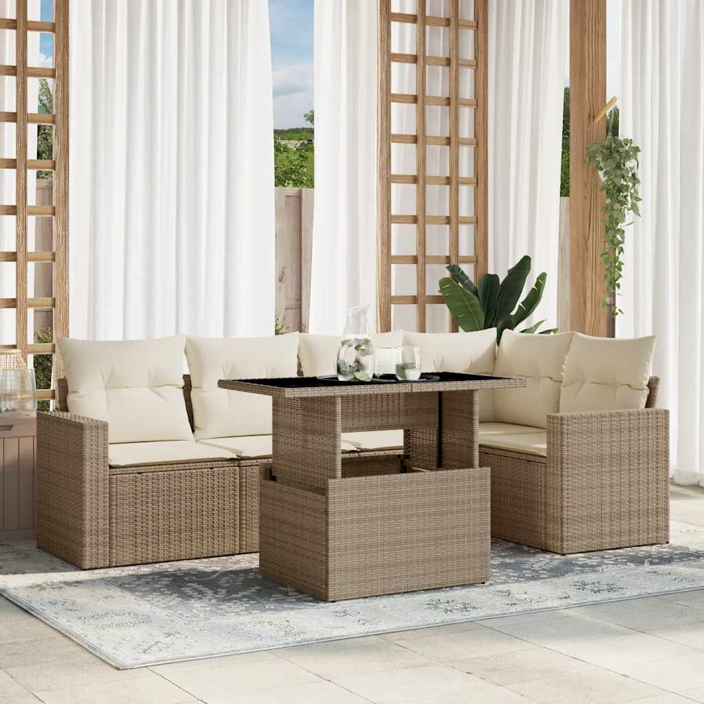 vidaXL 6-tlg. Garten-Sofagarnitur mit Kissen Beige Poly Rattan