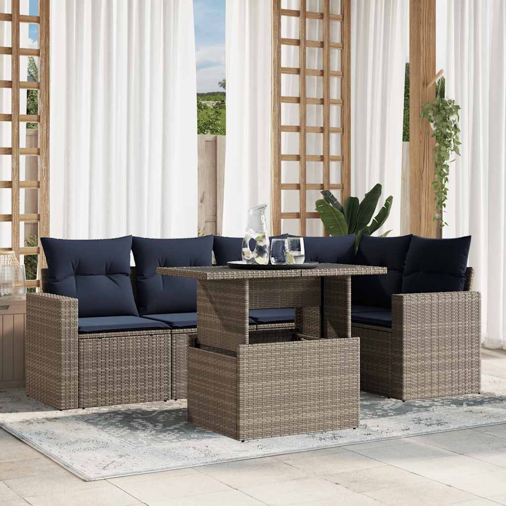 vidaXL 6-teiliges Gartensofa-Set mit Kissen, grau, Polyrattan