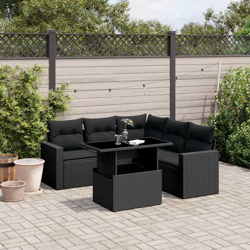 vidaXL 6-tlg. Garten-Sofagarnitur mit Kissen Schwarz Poly Rattan