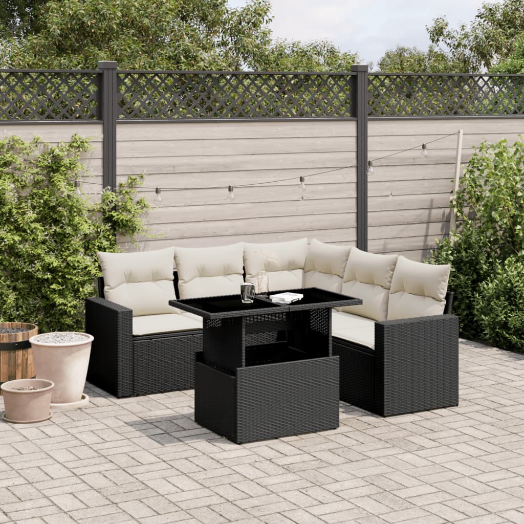 vidaXL 6-tlg. Garten-Sofagarnitur mit Kissen Schwarz Poly Rattan