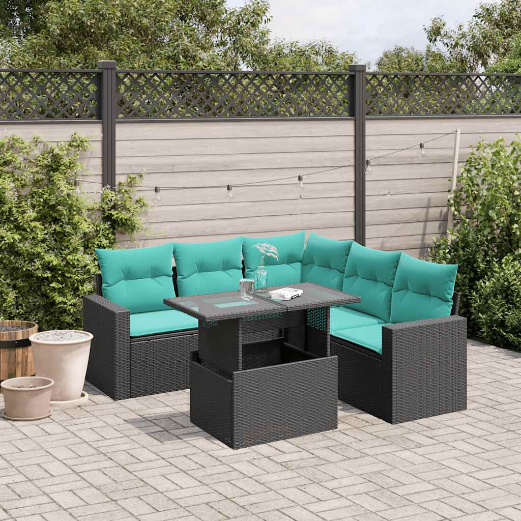 6 Piece Patio Sofa Set with Cushions Black Poly Rattan