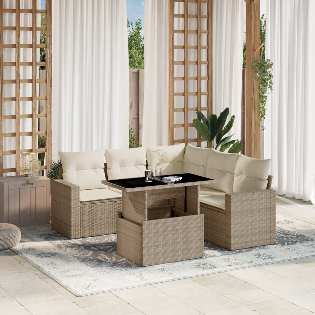 vidaXL 6-tlg. Garten-Sofagarnitur mit Kissen Beige Poly Rattan