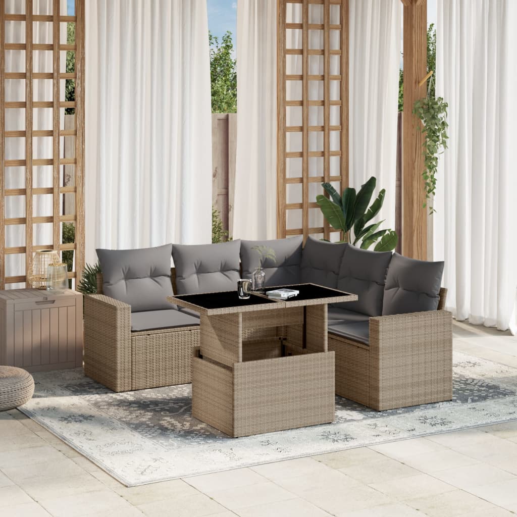 vidaXL 6-tlg. Garten-Sofagarnitur mit Kissen Beige Poly Rattan