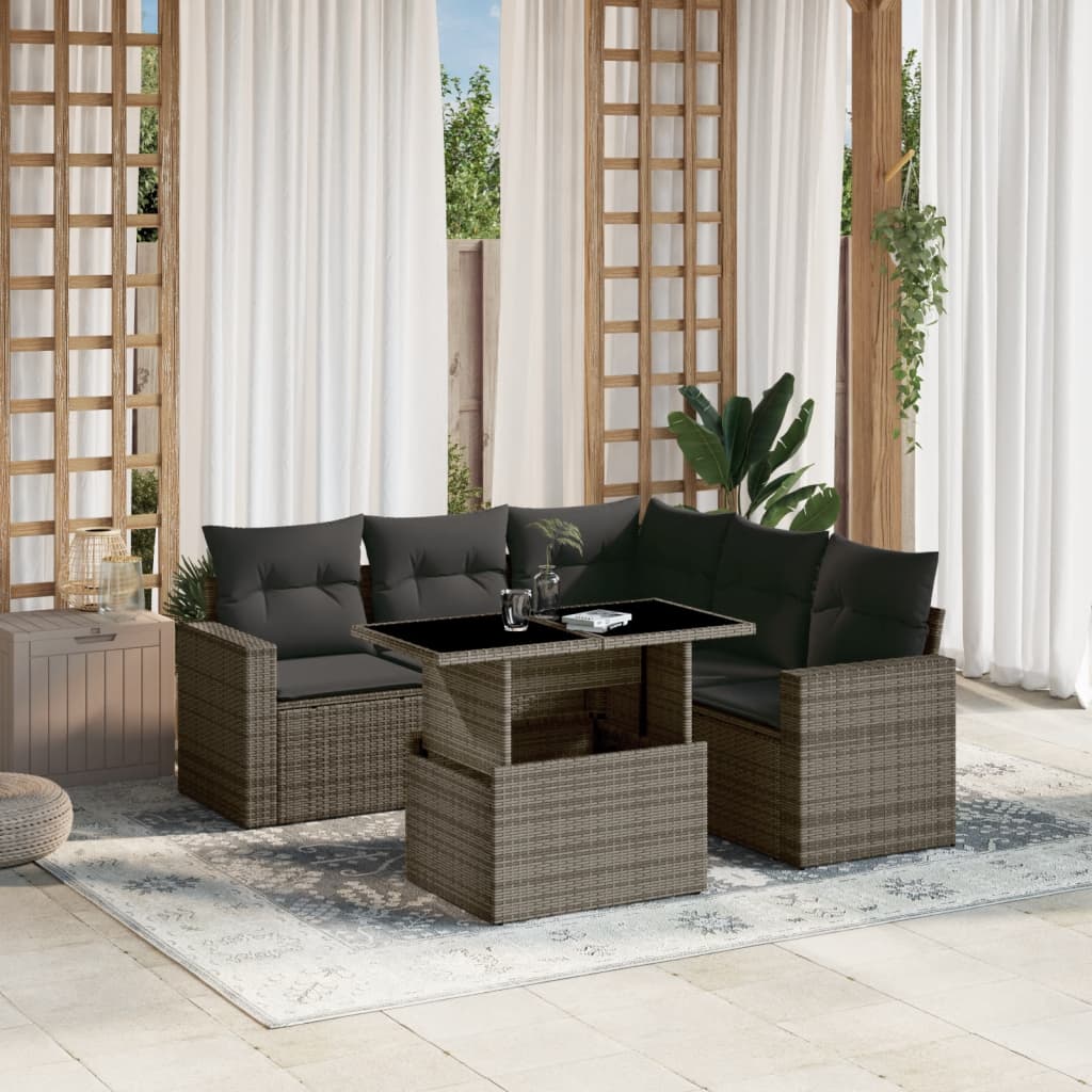 vidaXL 6-tlg. Garten-Sofagarnitur mit Kissen Grau Poly Rattan