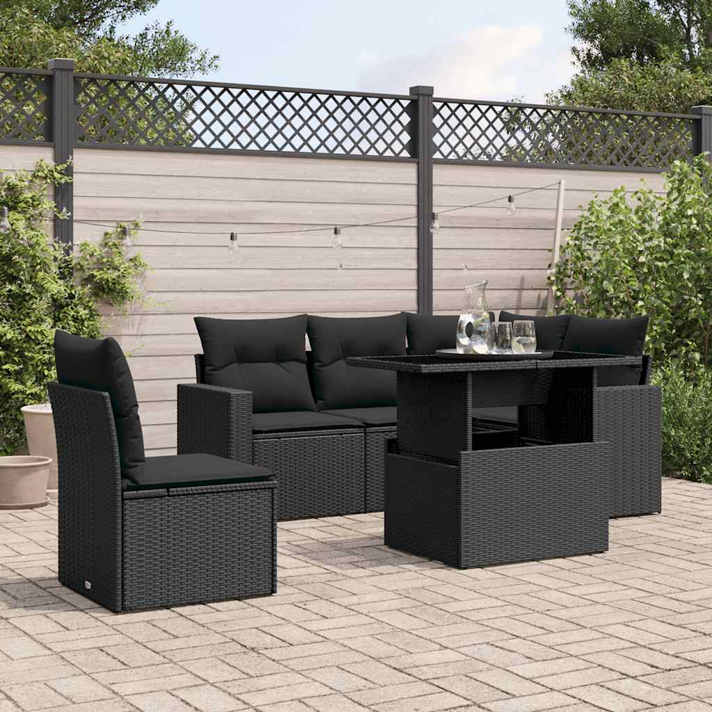 vidaXL 6-tlg. Garten-Sofagarnitur mit Kissen Schwarz Poly Rattan