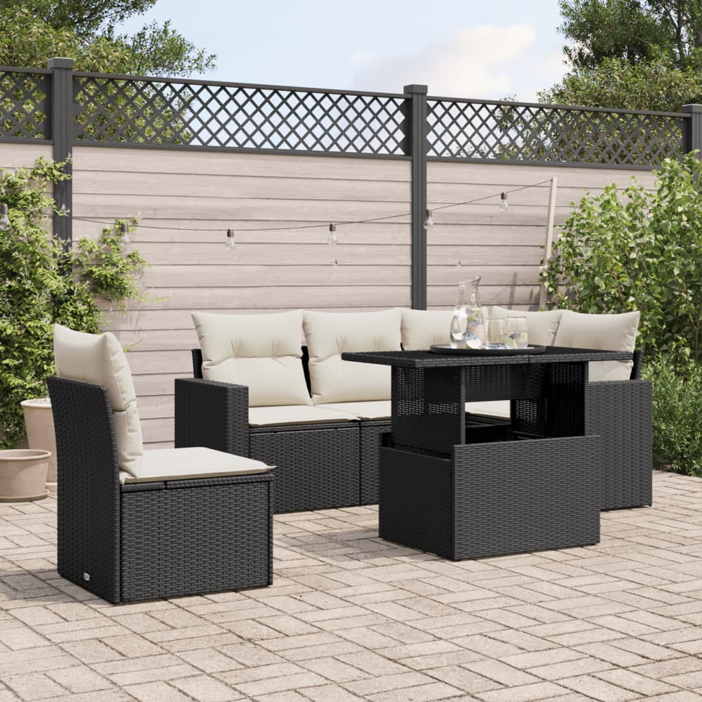 vidaXL 6-tlg. Garten-Sofagarnitur mit Kissen Schwarz Poly Rattan