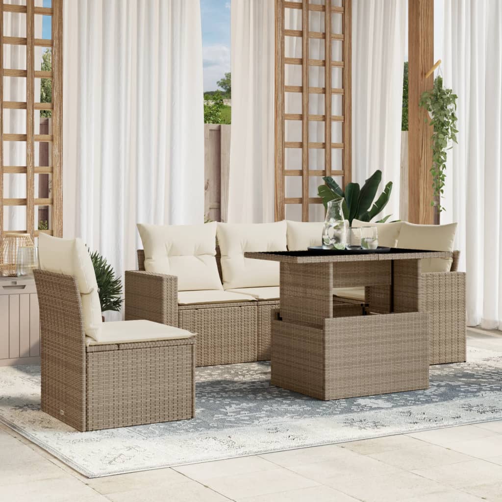 vidaXL 6-tlg. Garten-Sofagarnitur mit Kissen Beige Poly Rattan