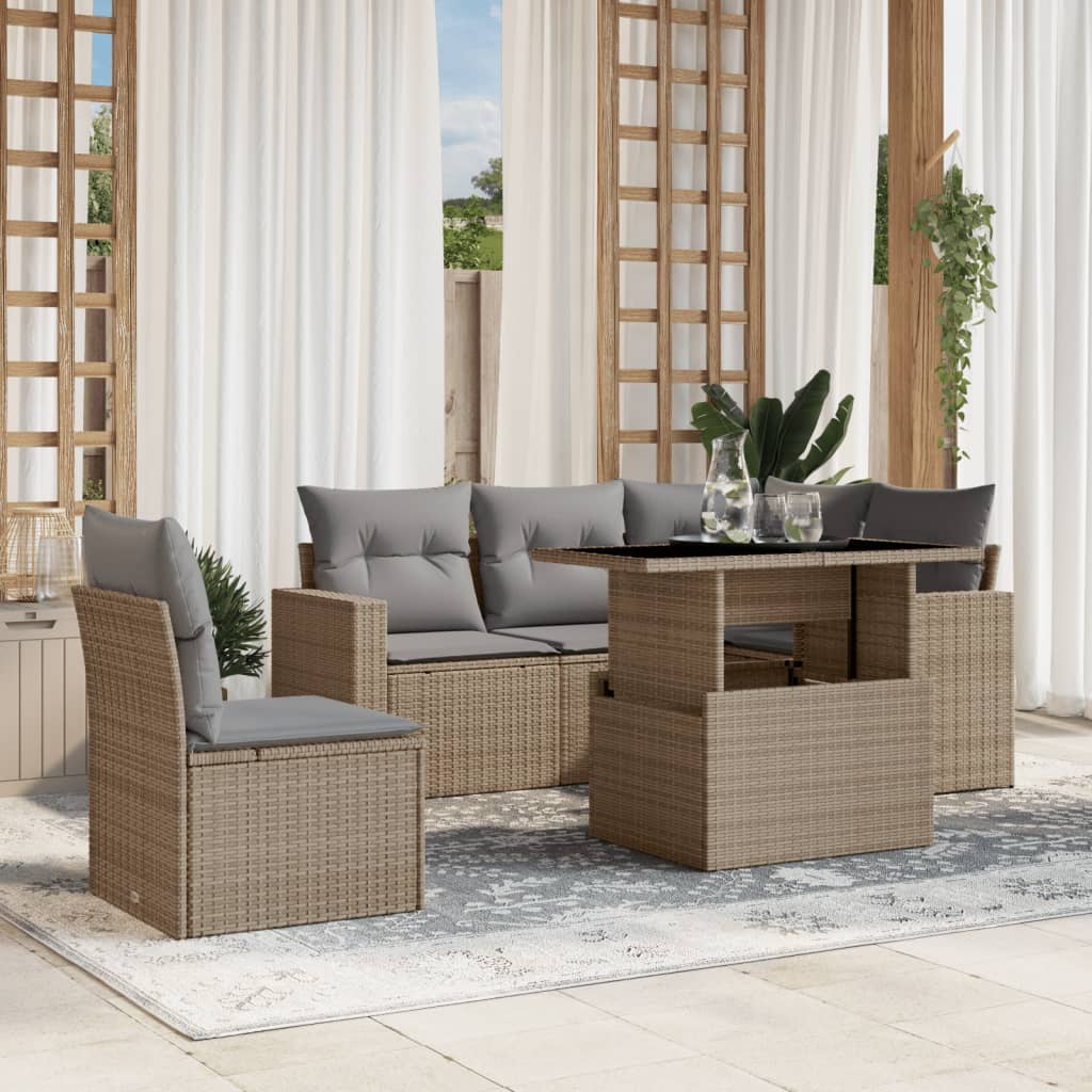 vidaXL 6-tlg. Garten-Sofagarnitur mit Kissen Beige Poly Rattan