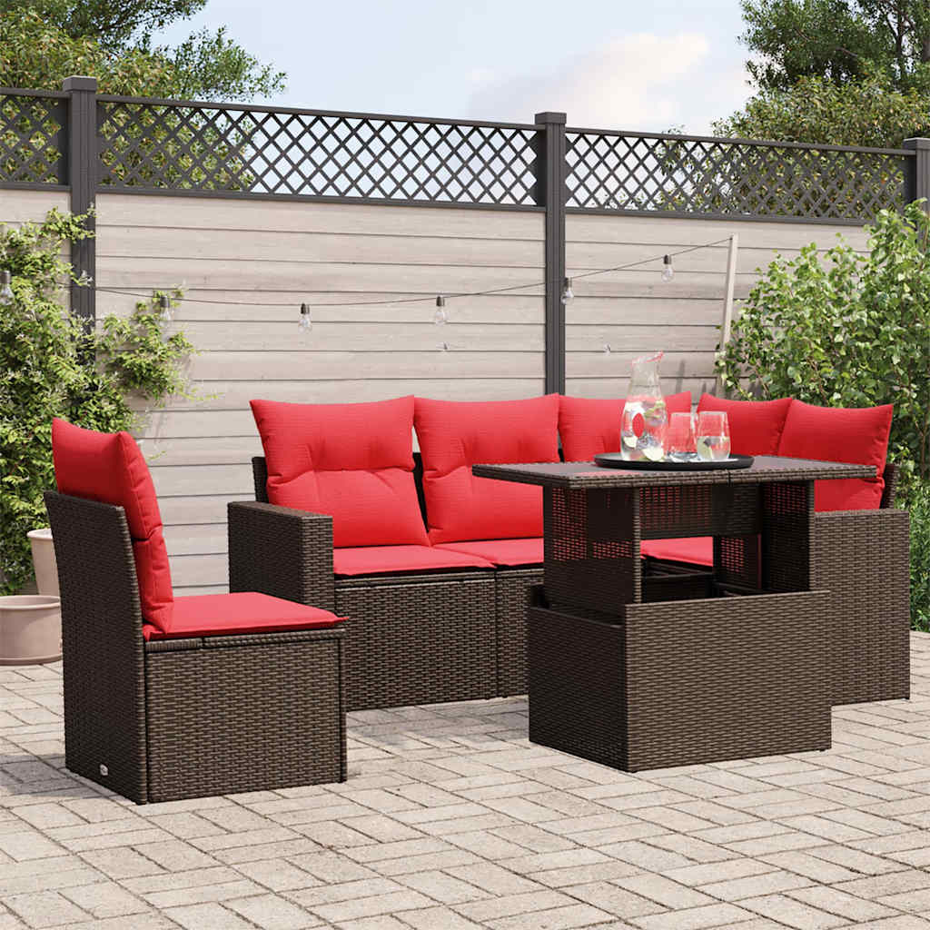 6 Piece Patio Sofa Set with Cushions Brown Poly Rattan