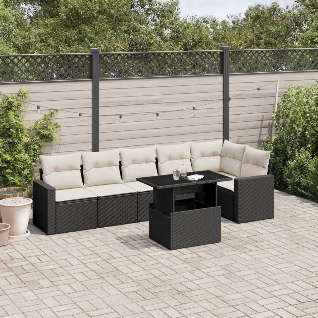 vidaXL 7-tlg. Garten-Sofagarnitur mit Kissen Schwarz Poly Rattan