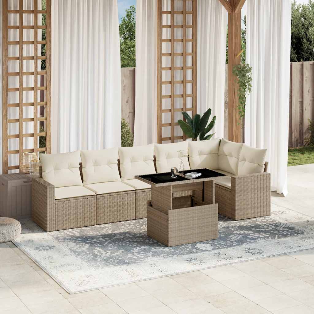 vidaXL 7-tlg. Garten-Sofagarnitur mit Kissen Beige Poly Rattan